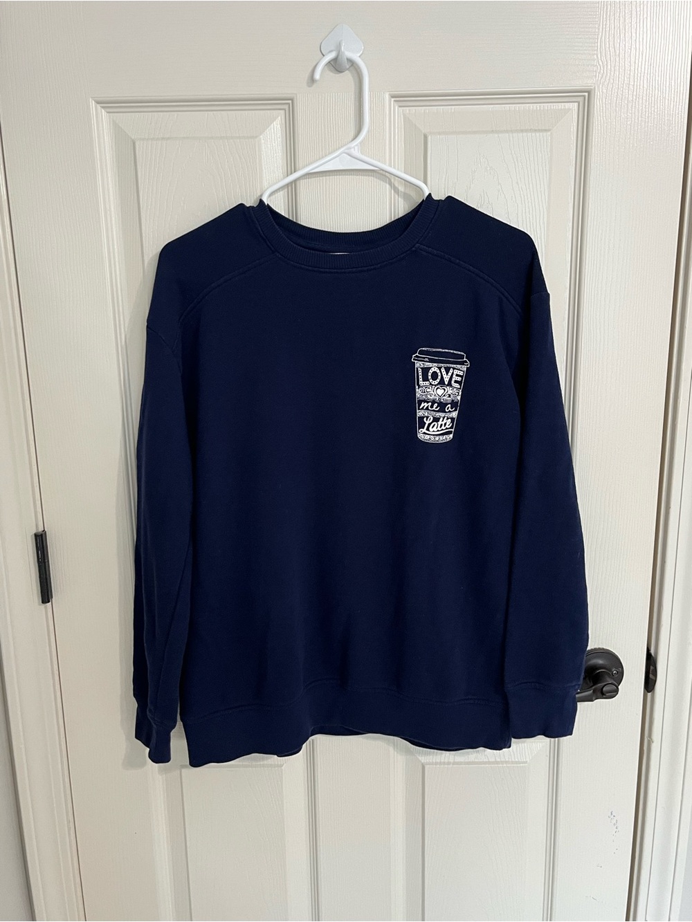 crown & ivy Navy lightweight Crewneck Sweatshirt with Latte Cup Graphic